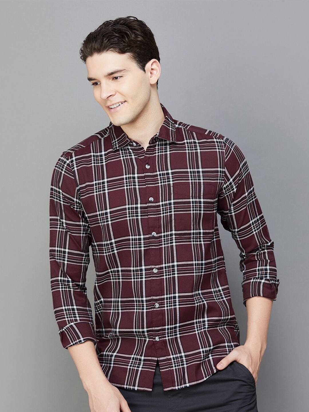 

Fame Forever by Lifestyle Tartan Checked Slim Fit Opaque Cotton Casual Shirt, Maroon