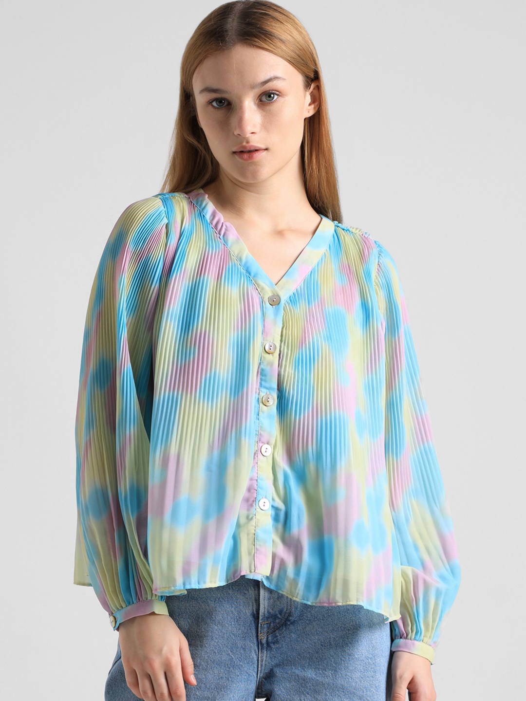 

ONLY Puff Sleeve Accordion Pleats Shirt Style Top, Blue