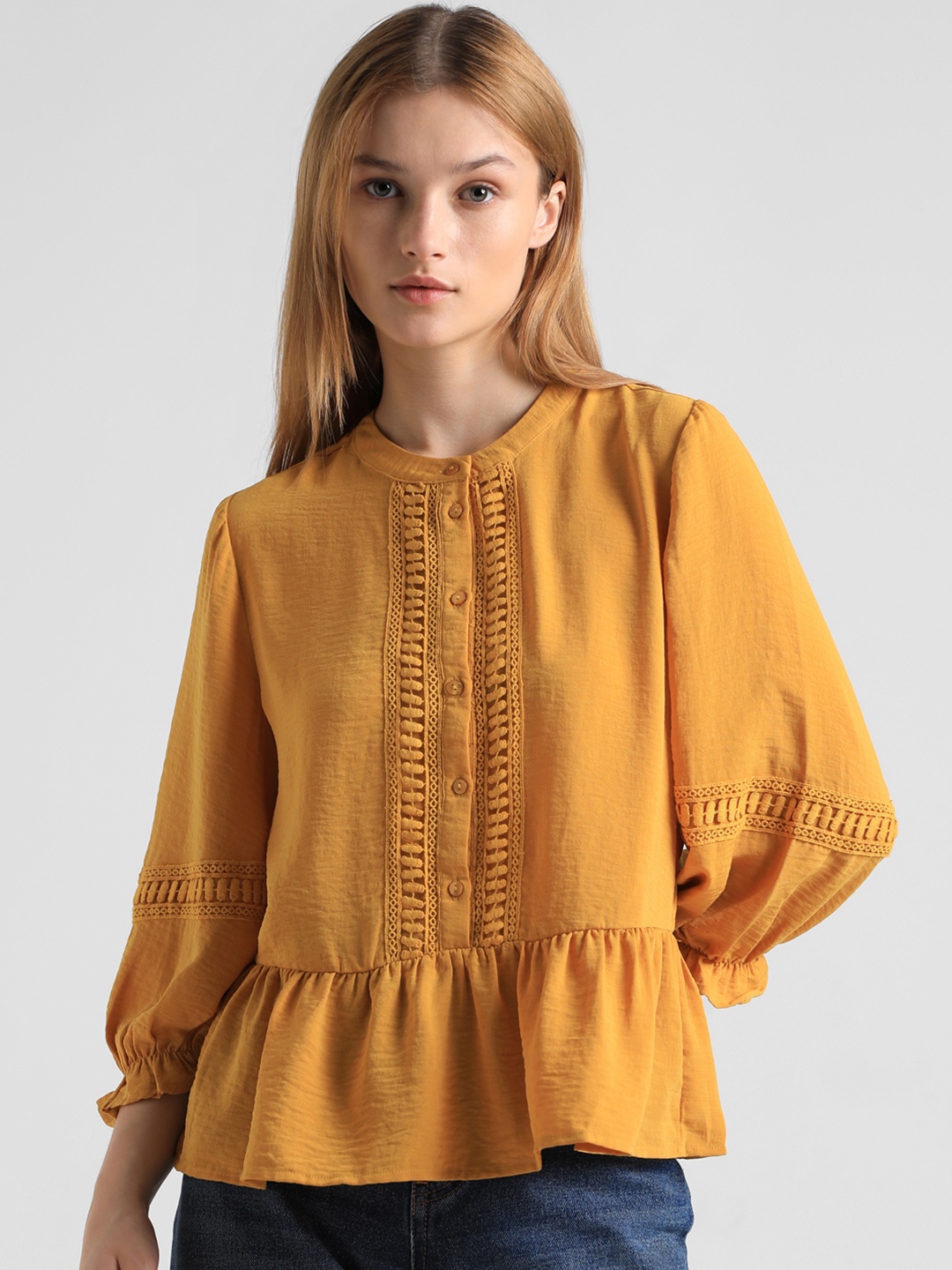 ONLY Mandarin Collar Cotton Top, Yellow