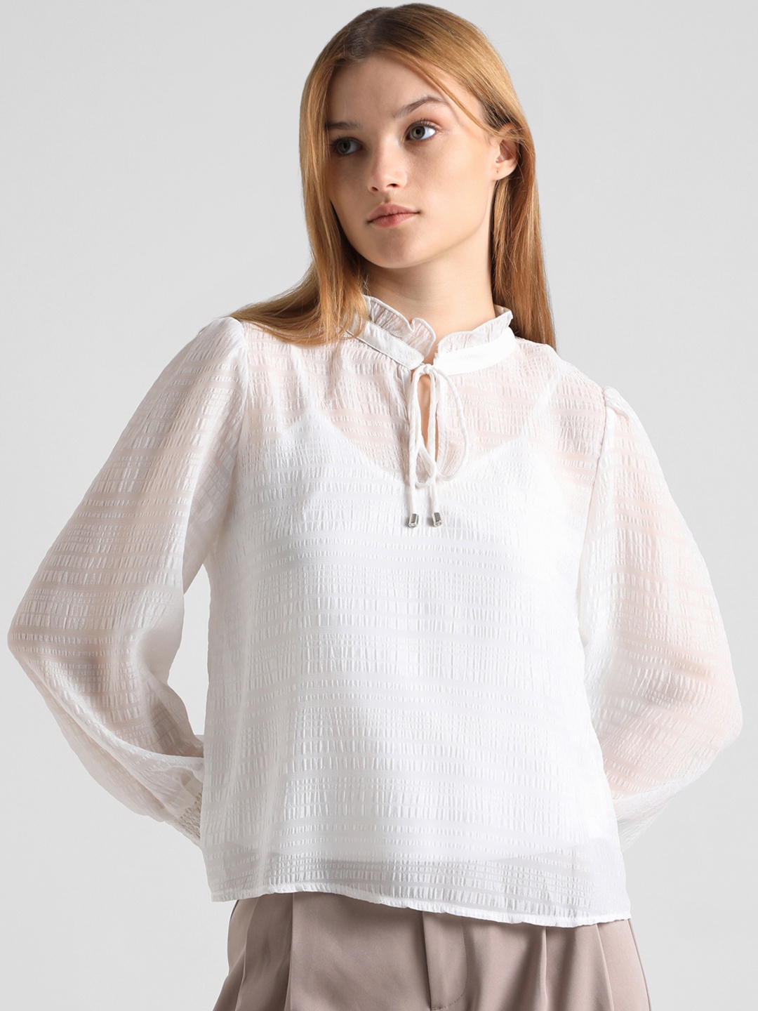 

ONLY Self Design Tie-Up Neck Top, White