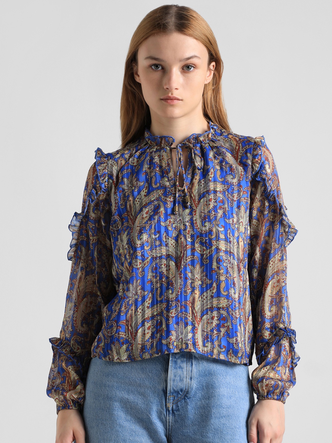

ONLY Print Ruffles Cotton Shirt Style Top, Blue