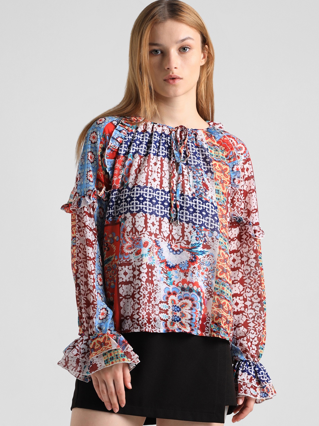 

ONLY Print Tie-Up Neck Ruffles Top, Blue