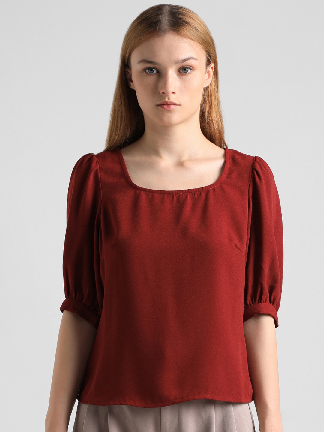 

ONLY Square Neck Puff Sleeve Top, Maroon