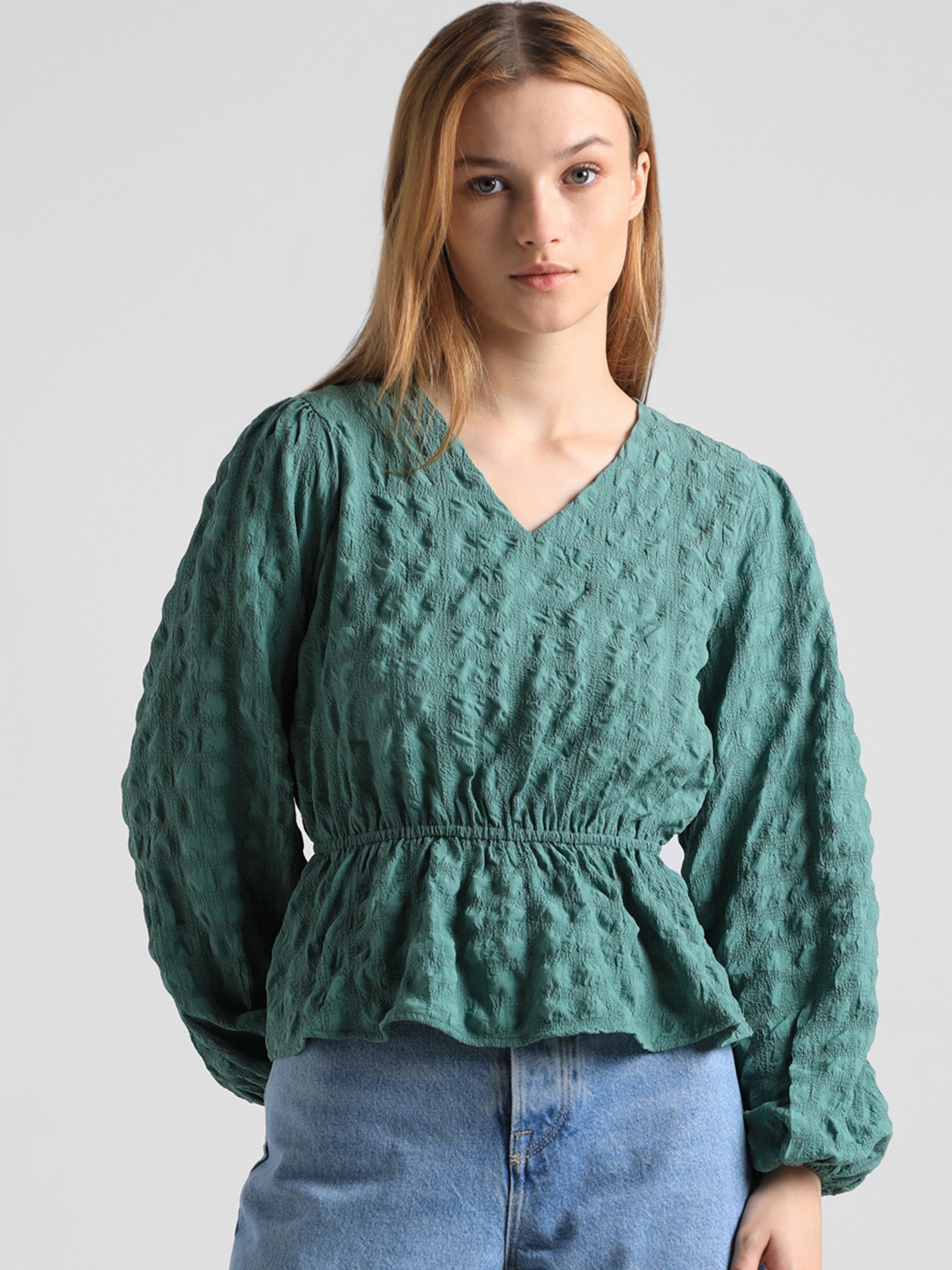 

ONLY Self Design Puff Sleeve Cotton Cinched Waist Top, Green
