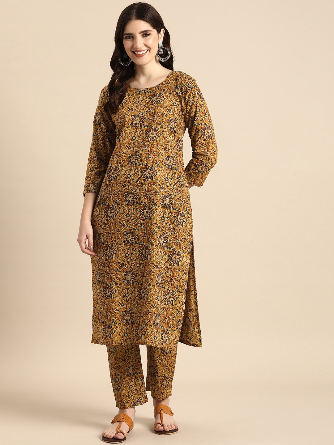 

Anouk Women Floral Printed Regular Pure Cotton Kurta with Trousers, Mustard