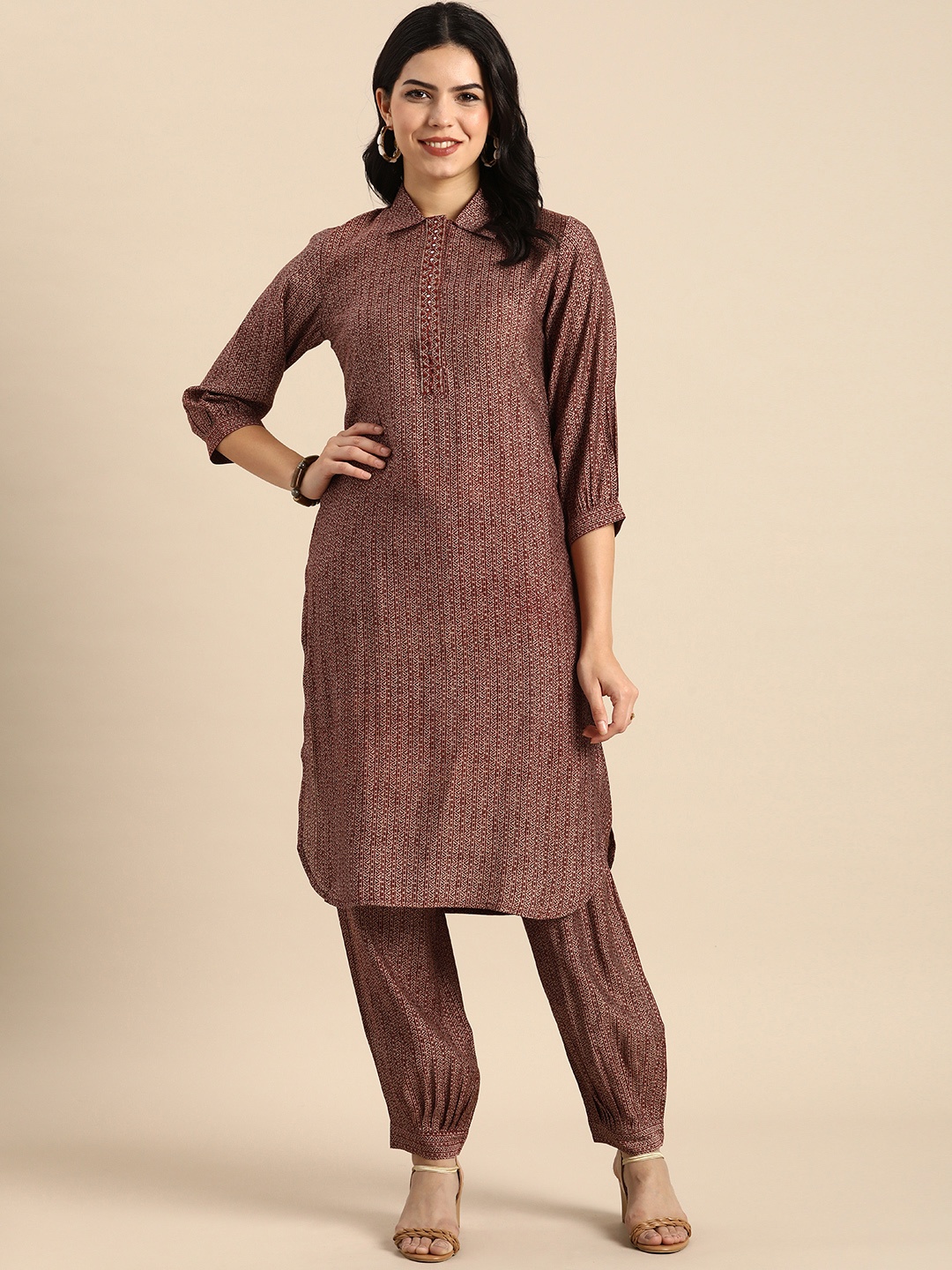 

Anouk Women Ethnic Motifs Printed Regular Mirror Work Kurta with Pyjamas, Maroon