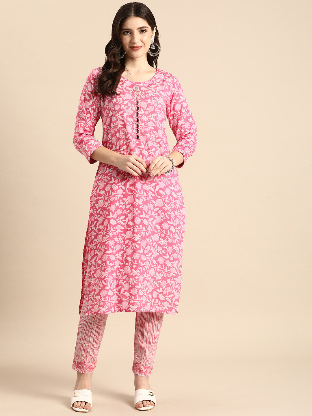 

Anouk Floral Printed Mirror Work Pure Cotton Kurta with Trousers, Pink