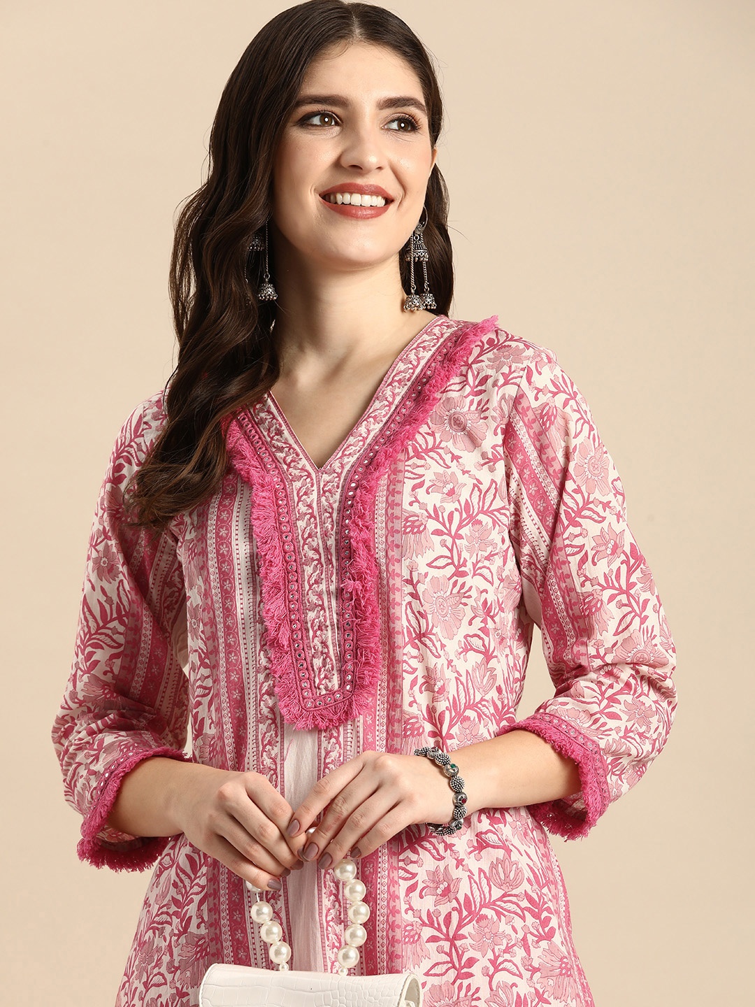 

Anouk Women Floral Printed Regular Mirror Work Pure Cotton Kurta with Trousers, Pink