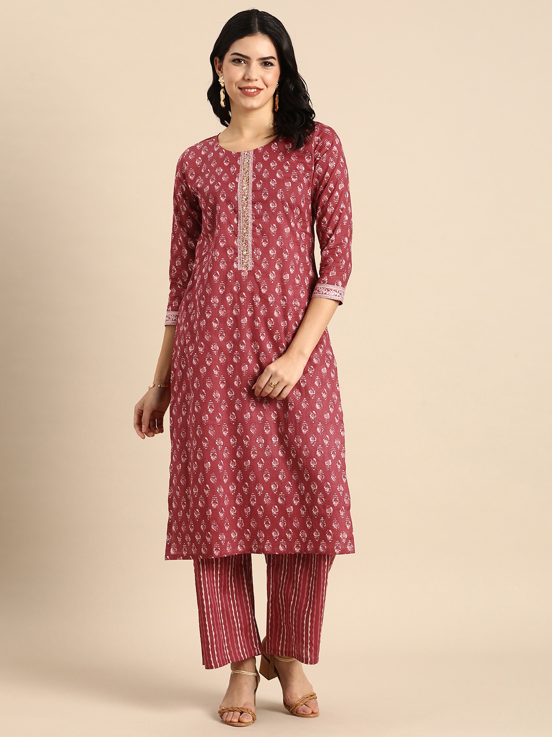 

Anouk Women Ethnic Motifs Printed Regular Beads and Stones Pure Cotton Kurta with Trousers, Pink
