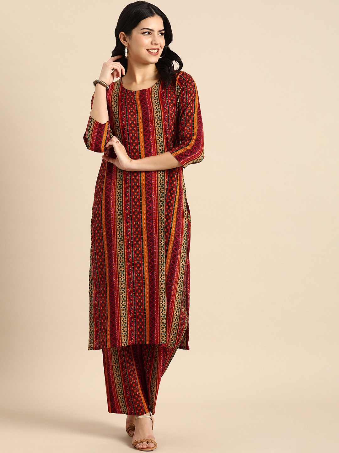 

Anouk Women Ethnic Motifs Printed Regular Pure Cotton Kurta with Trousers, Maroon