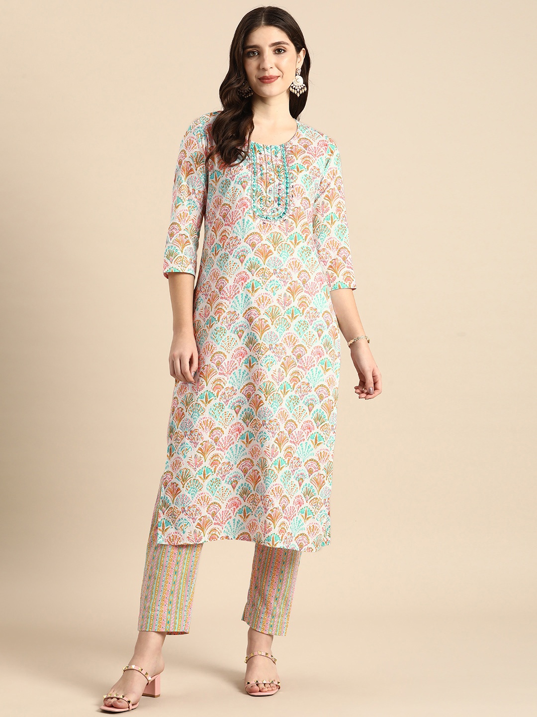 

Anouk Women Floral Printed Regular Mirror Work Pure Cotton Kurta with Trousers, White