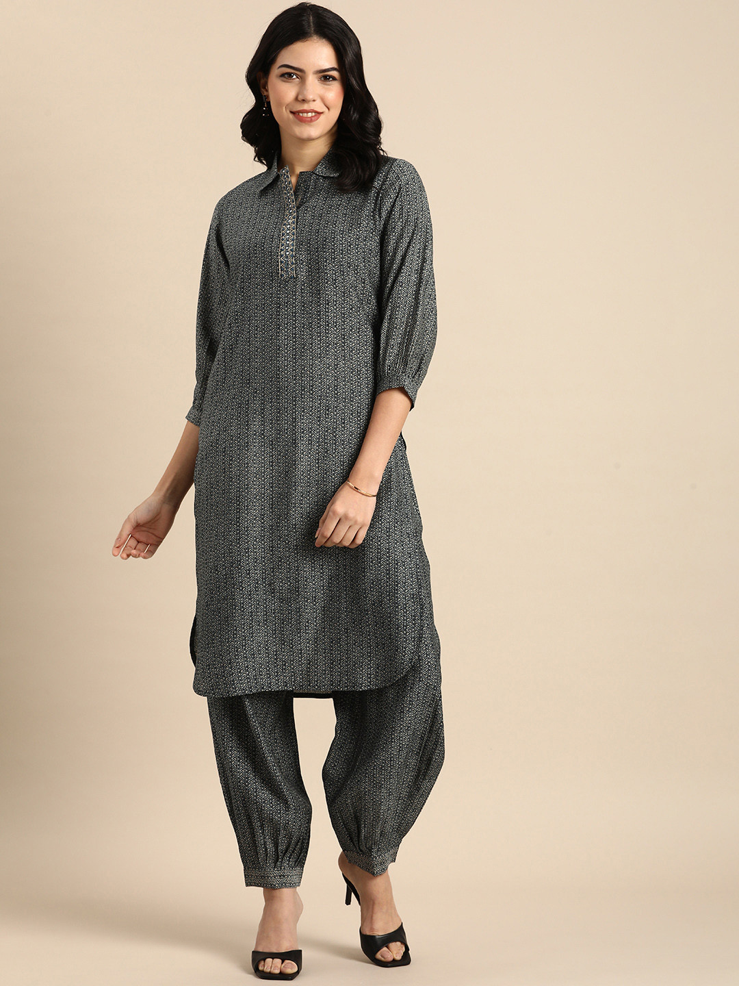 

Anouk Women Printed Regular Mirror Work Kurta with Patiala, Navy blue