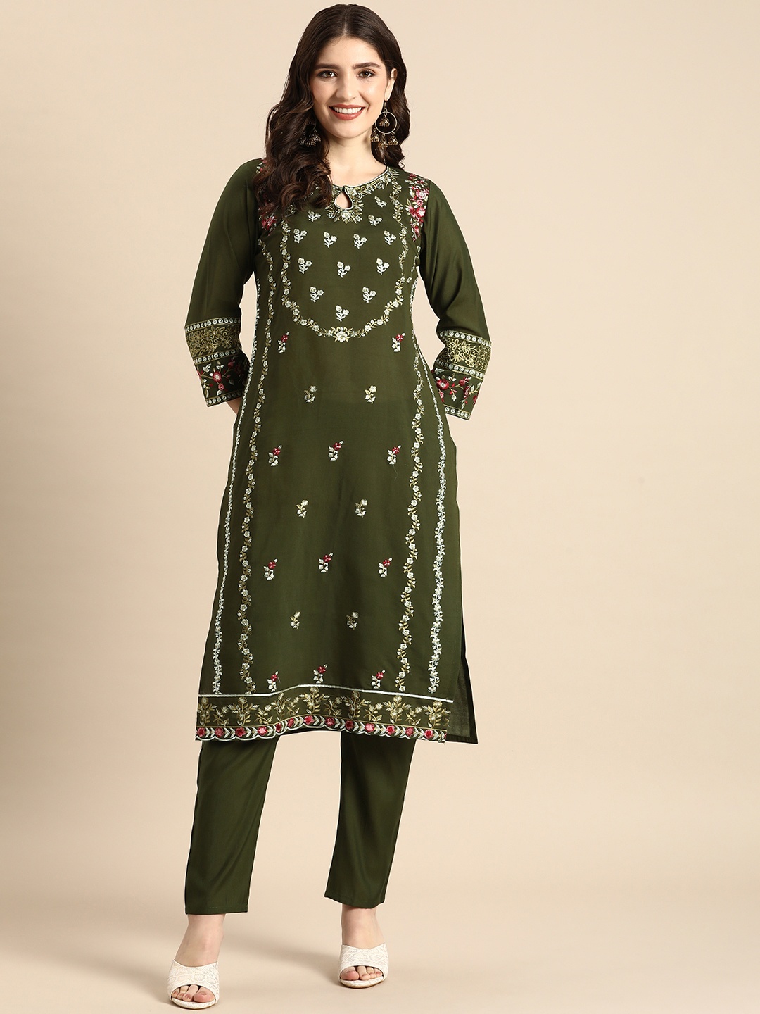 

Anouk Women Floral Embroidered Regular Kurta with Trousers, Green