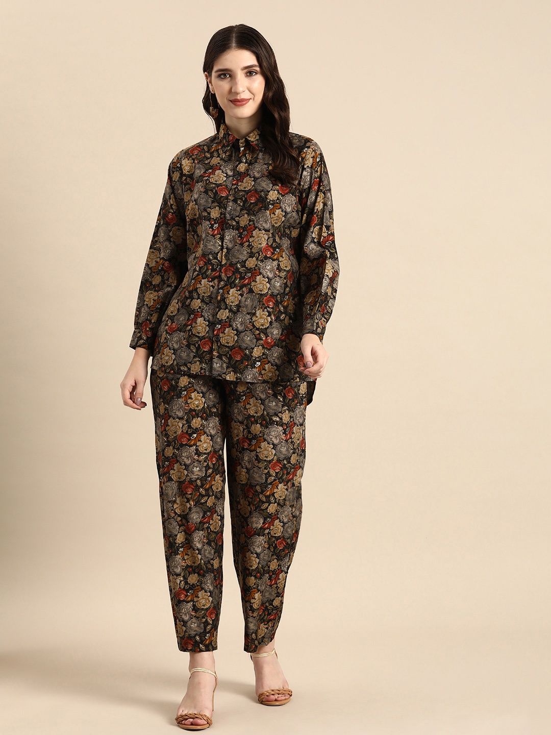 

Anouk Women Floral Printed Shirt with Trousers, Black