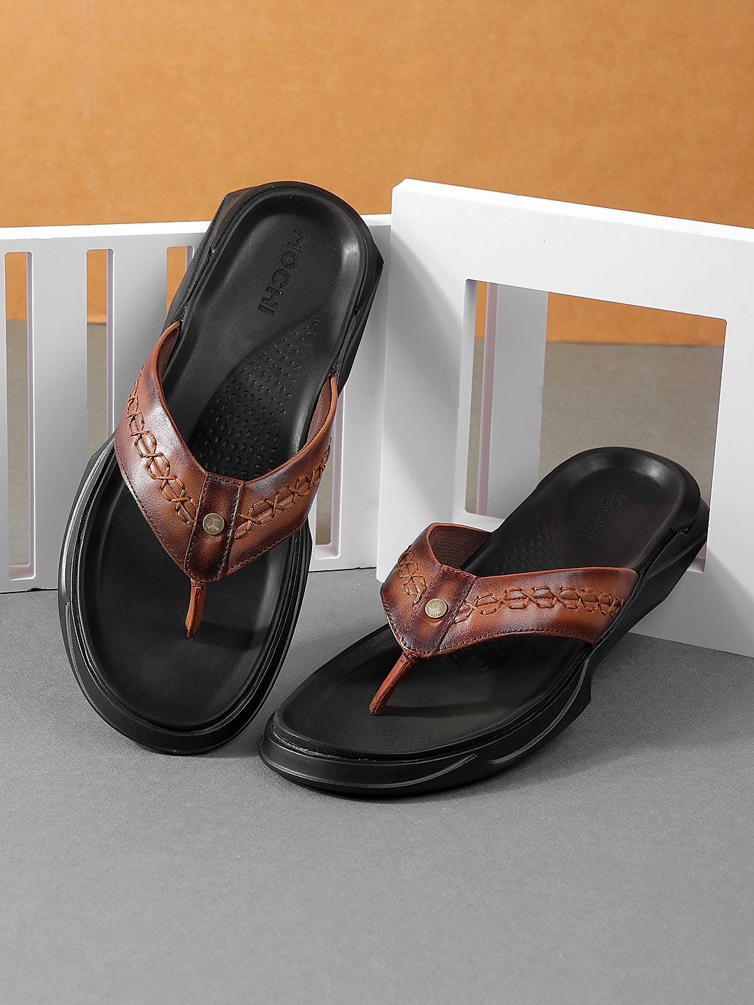 

Mochi Men Textured Leather Comfort Sandals, Tan