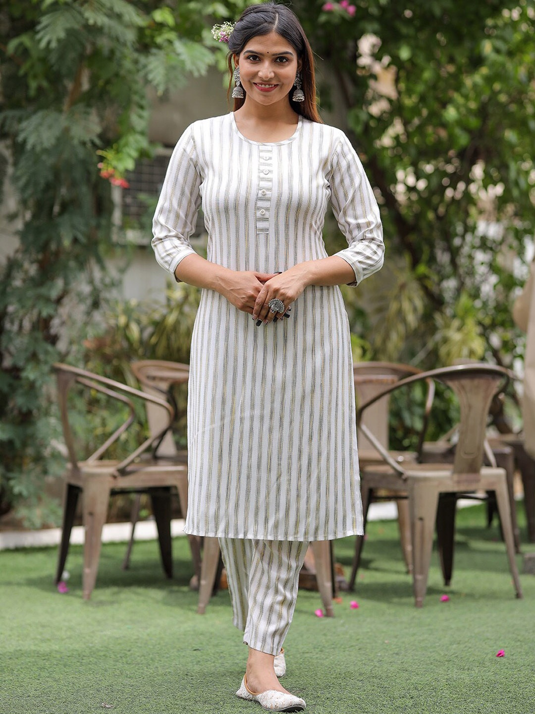 

KALINI Striped Kurta with Trousers, Grey