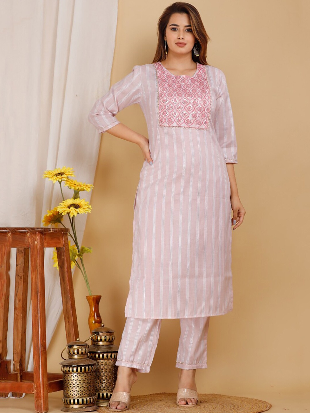 

KALINI Ethnic Motifs Embroidered Regular Sequinned Kurta With Trousers, Peach