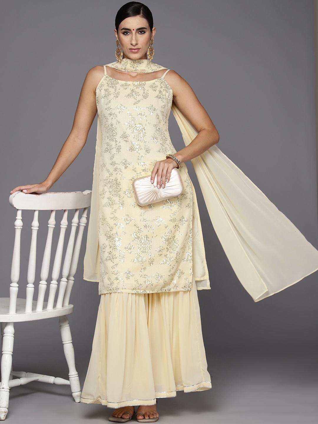 

Indo Era Women Embroidered Regular Sequinned Kurta with Sharara & With Dupatta, Cream