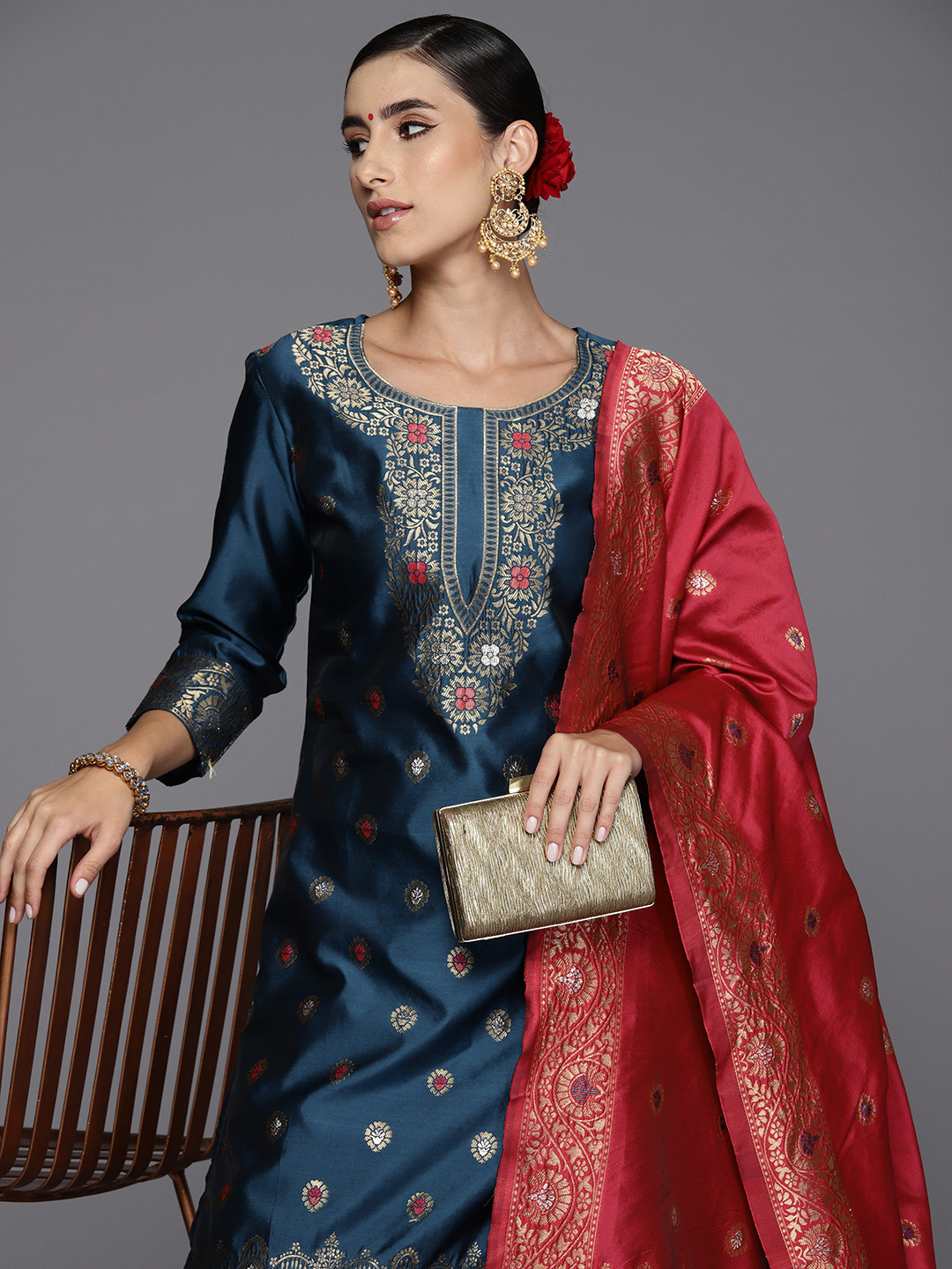 

Indo Era Women Woven Design Regular Kurta with Trousers & With Dupatta, Teal