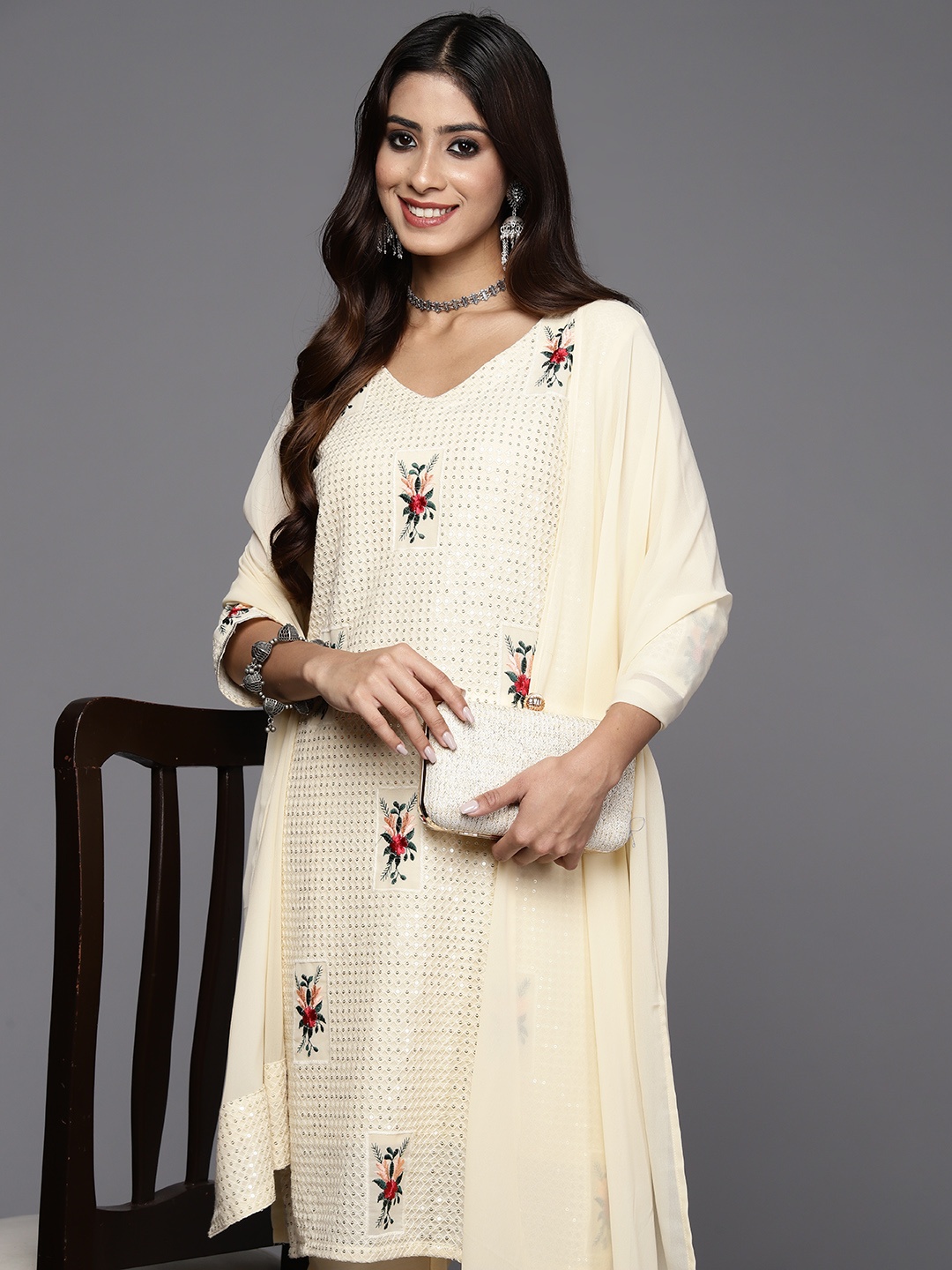 

Indo Era Women Floral Embroidered Regular Sequinned Kurta with Sharara & With Dupatta, Peach