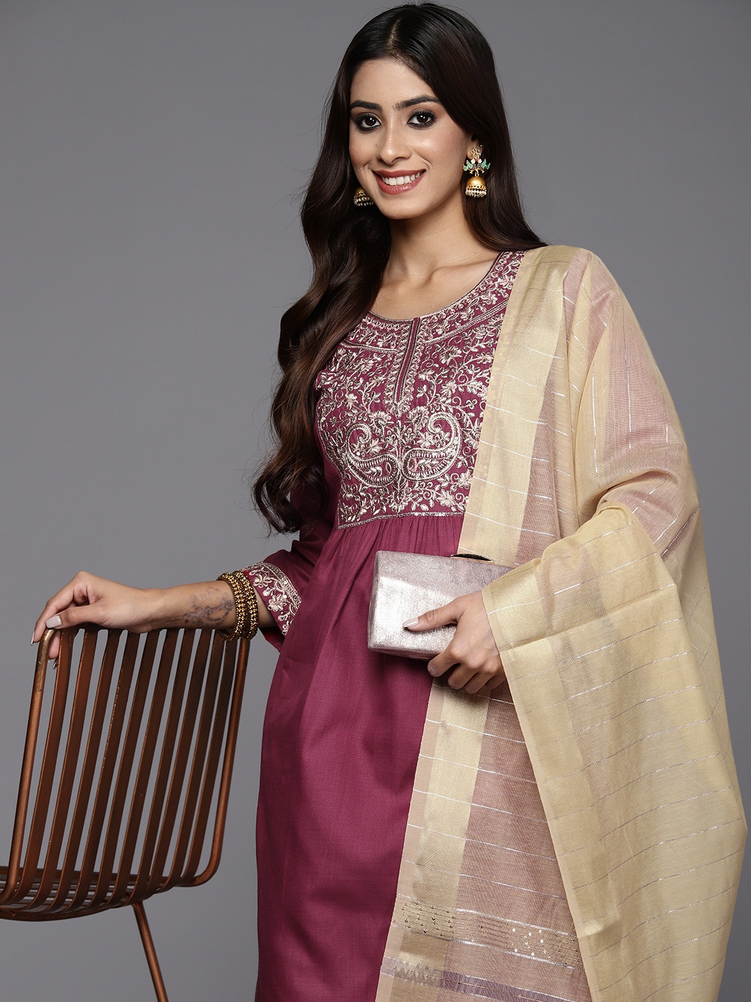 

Indo Era Women Ethnic Motifs Embroidered Sequinned Kurta with Trousers & With Dupatta, Maroon