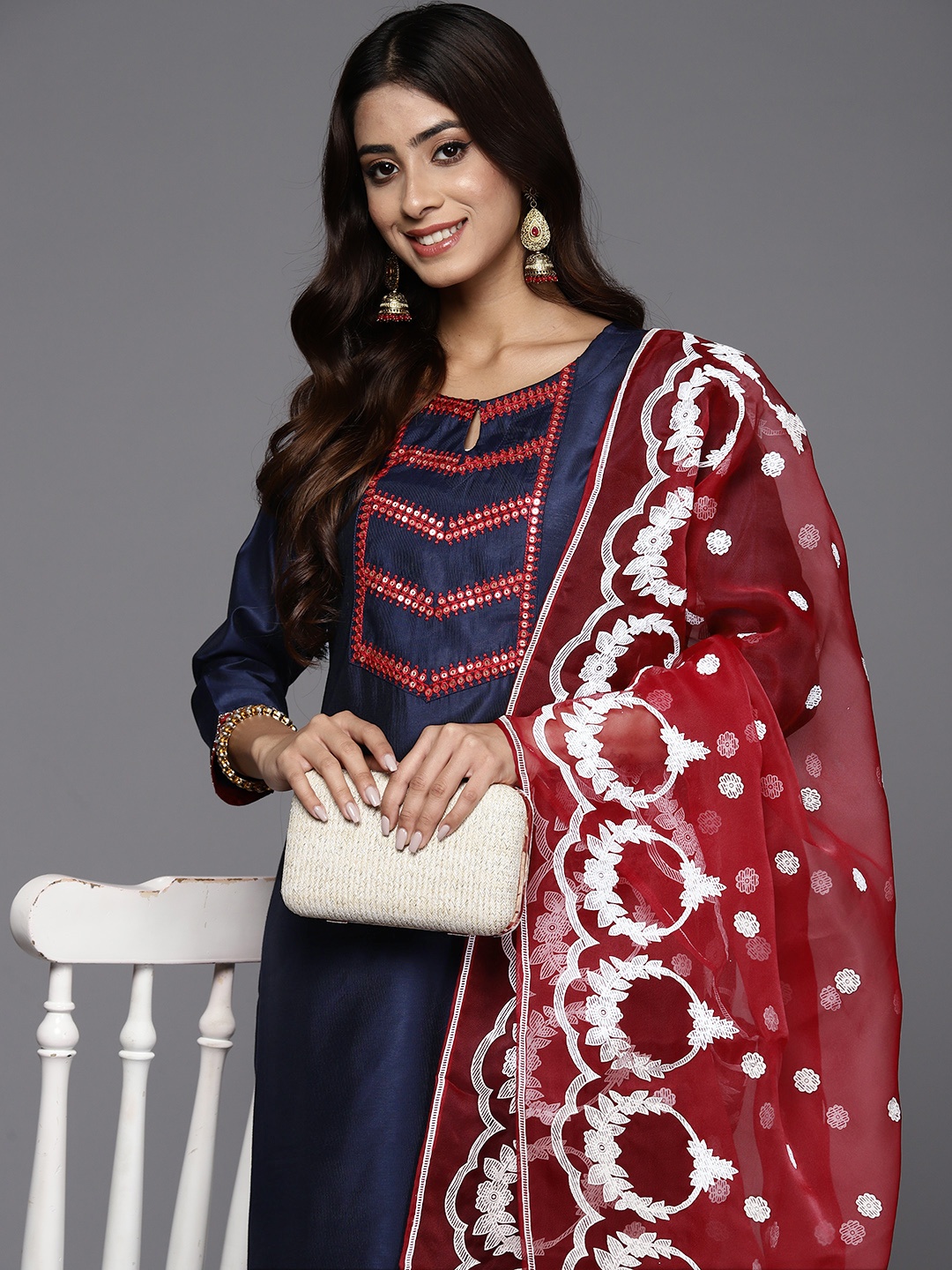 

Indo Era Women Embroidered Regular Sequinned Liva Kurta with Trousers & With Dupatta, Blue