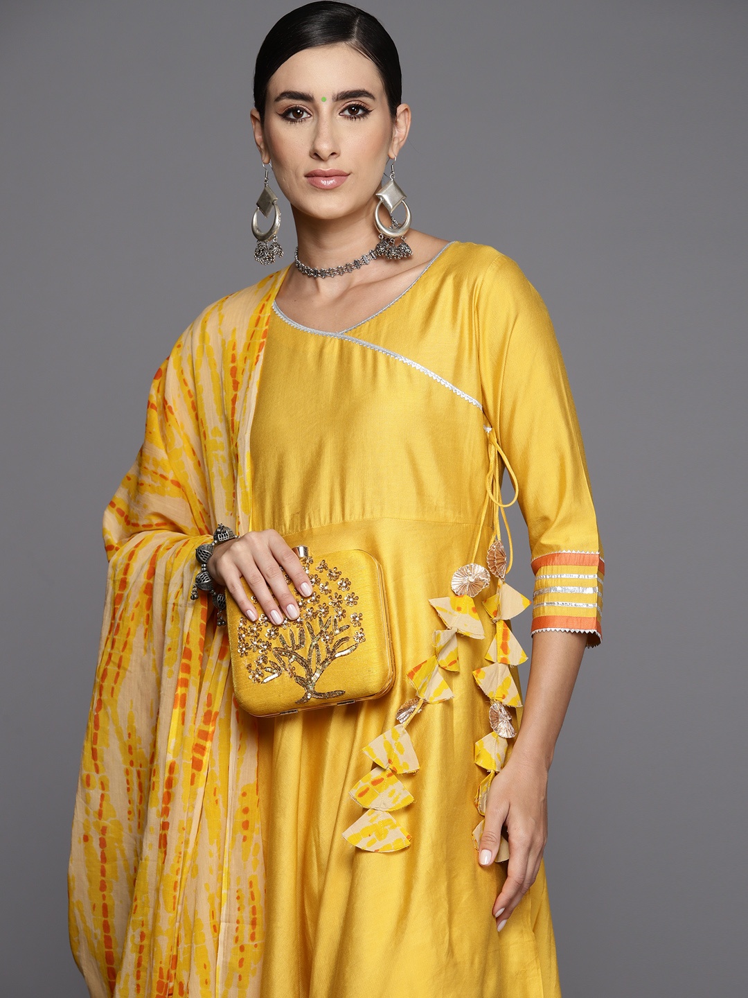 

Indo Era Women Angrakha Kurta & Churidar With Dupatta, Mustard