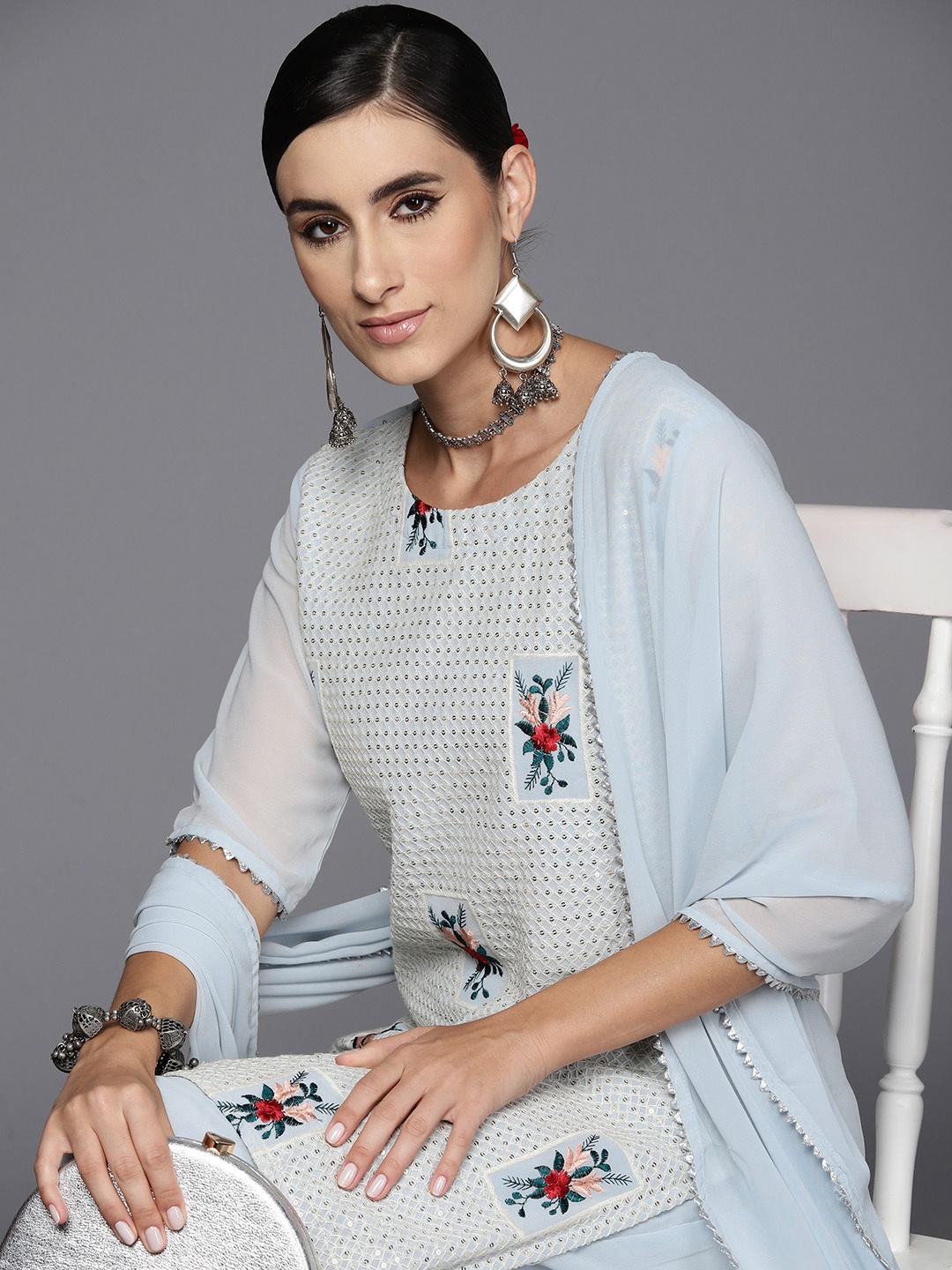 

Indo Era Women Floral Embroidered Sequined Detail Kurta & Sharara With Dupatta, Blue