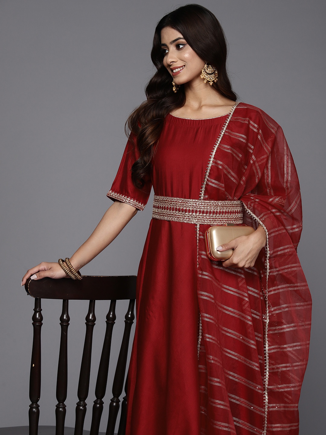 

Indo Era Liva Fit & Flare Maxi Dress Comes With A Dupatta, Maroon