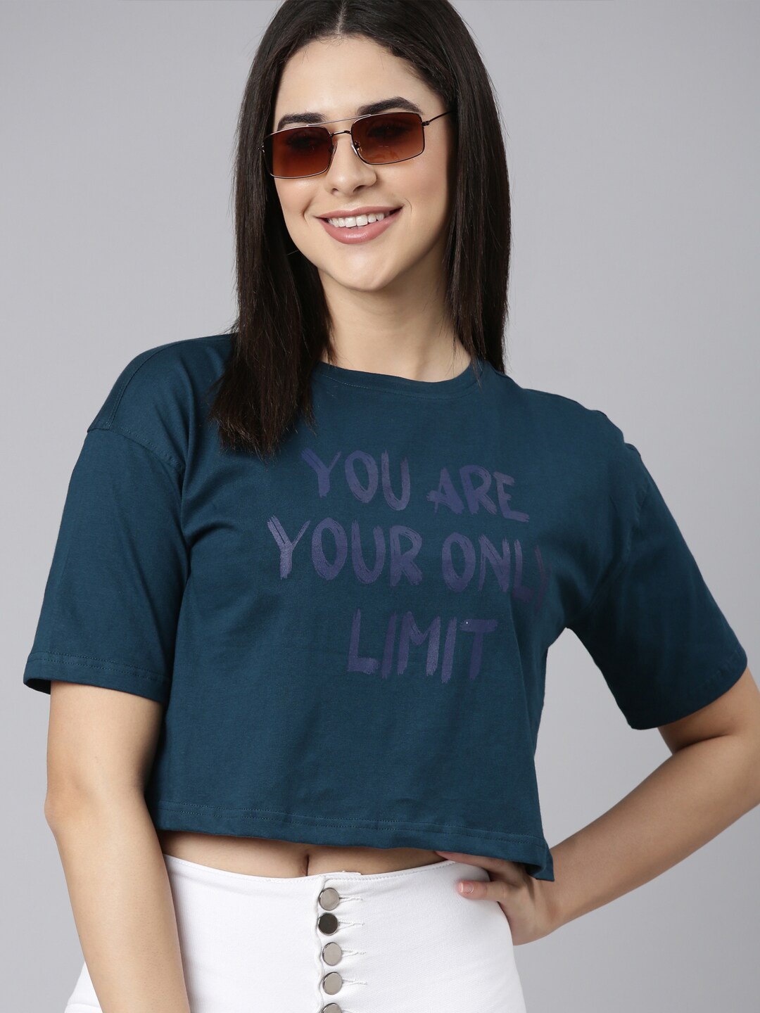 

Kryptic Typography Printed Pure Cotton Relaxed Fit Crop T-shirt T-shirt, Teal