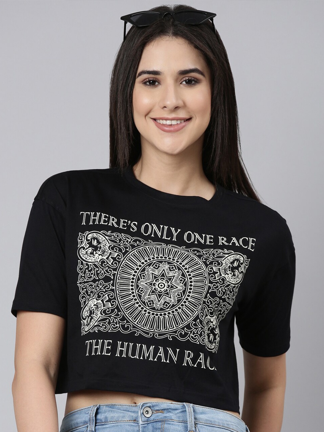

Kryptic Typography Printed Round Neck Pure Cotton Relaxed Fit Crop T-shirt, Black