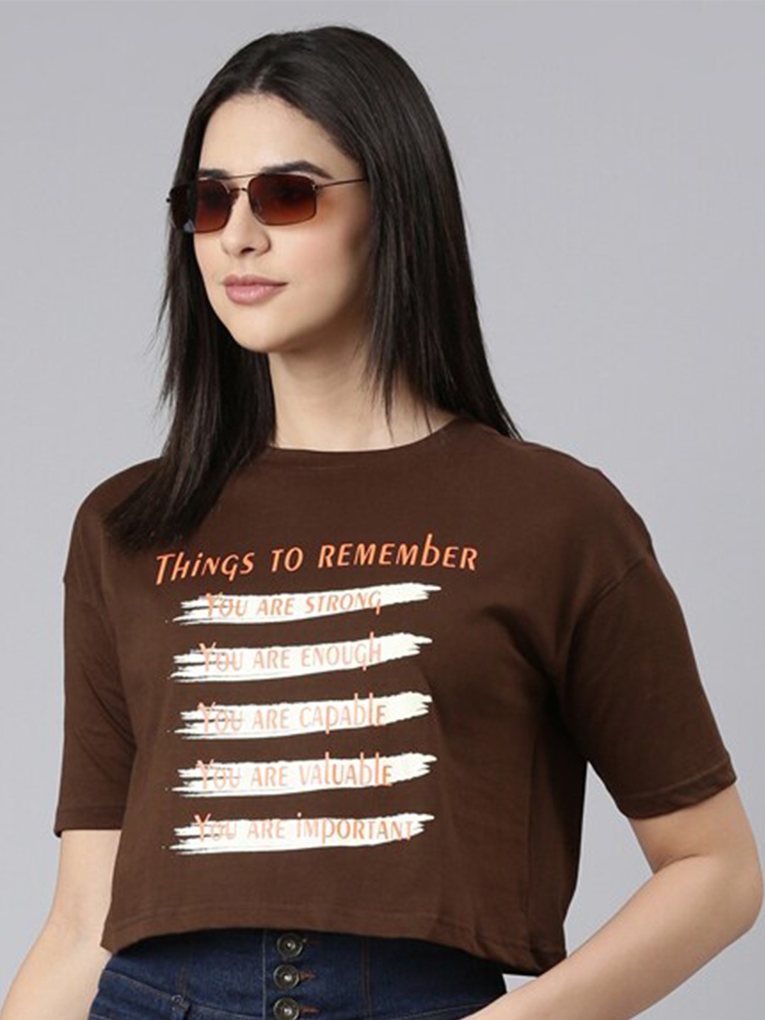 

Kryptic Typography Printed Round Neck Pure Cotton Relaxed Fit Crop T-shirt, Brown