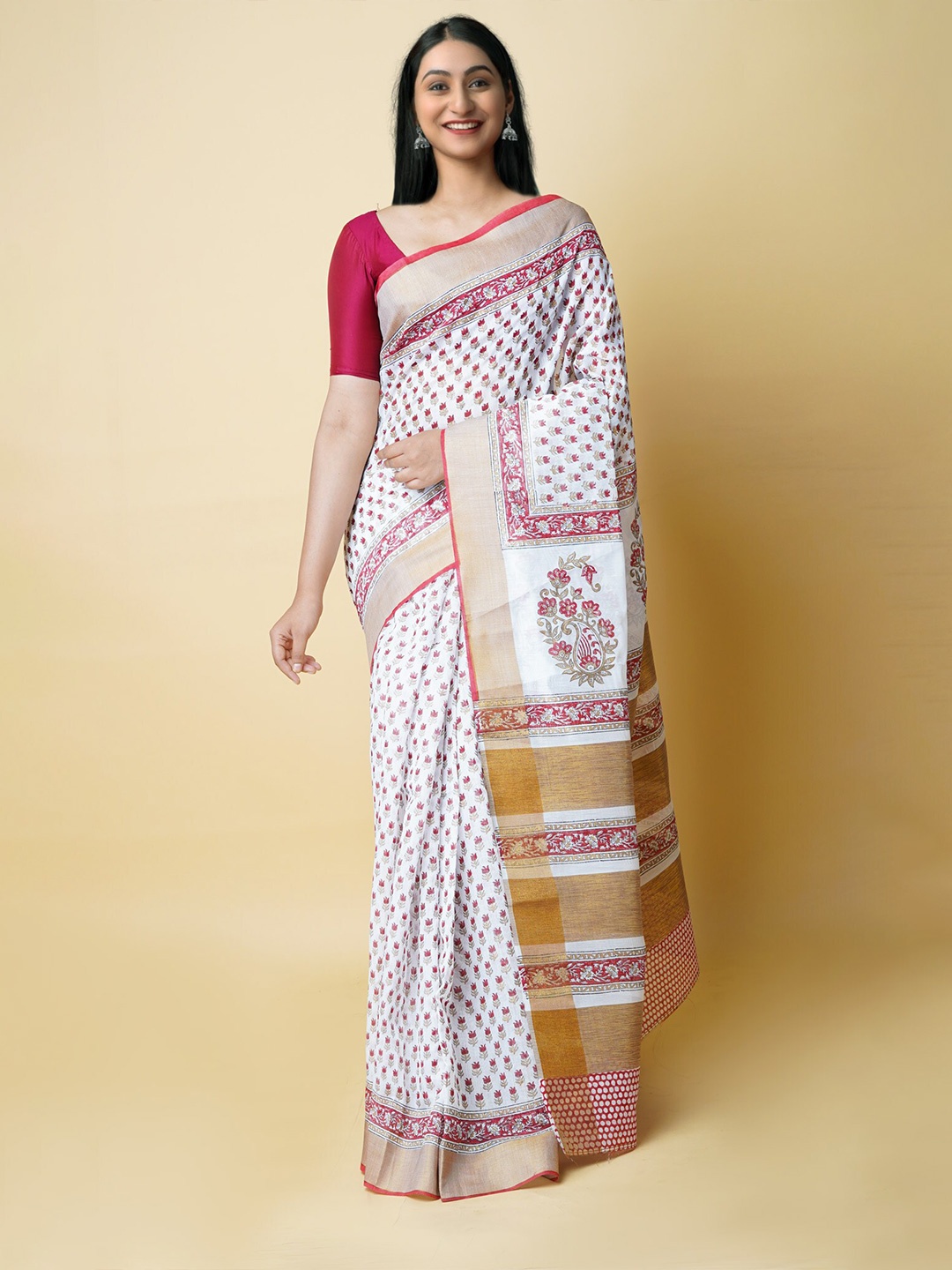 

Unnati Silks Ethnic Motifs Printed Zari Kasavu Saree, White