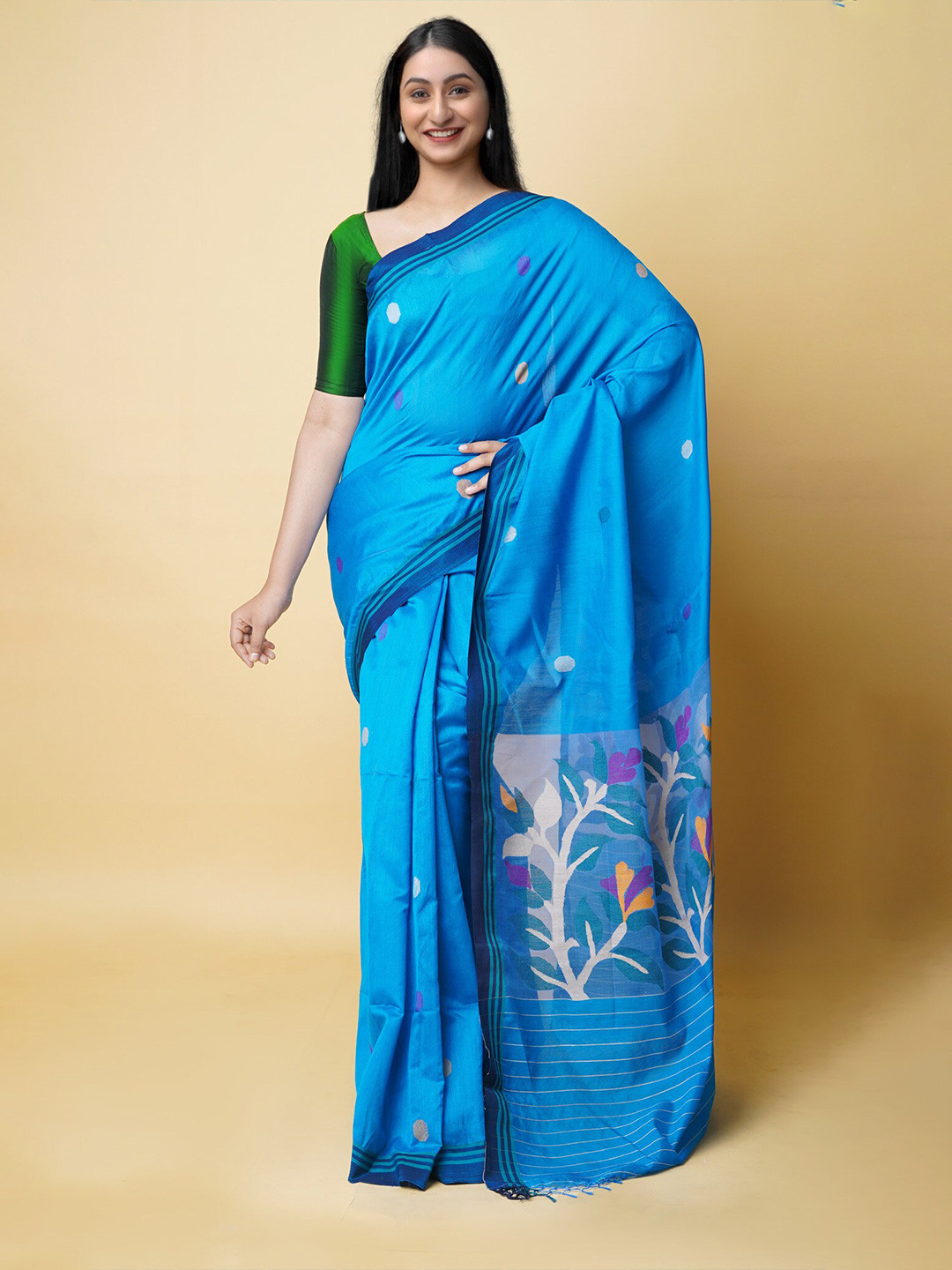 

Unnati Silks Floral Woven Design Silk Cotton Jamdani Saree, Blue