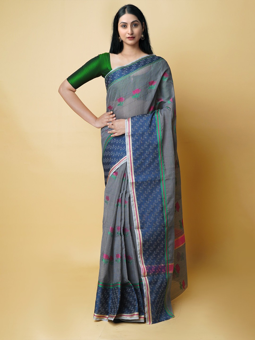 

Unnati Silks Floral Woven Design Zari Pure Cotton Kota Saree, Grey