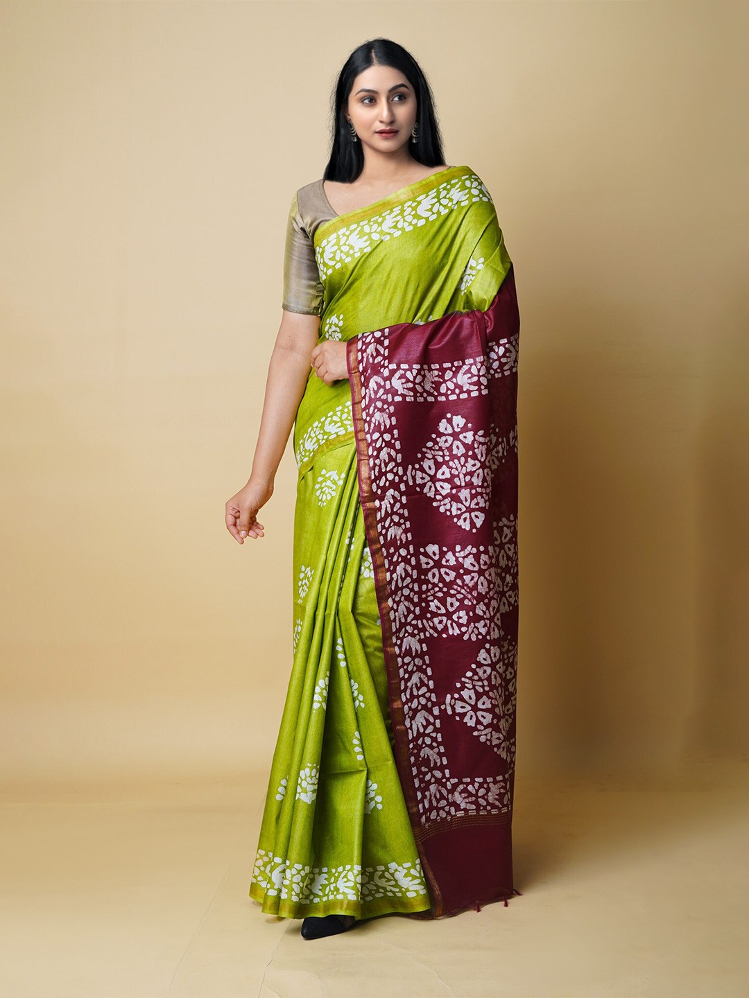 

Unnati Silks Batik Printed Zari Silk Cotton Chanderi Saree, Green