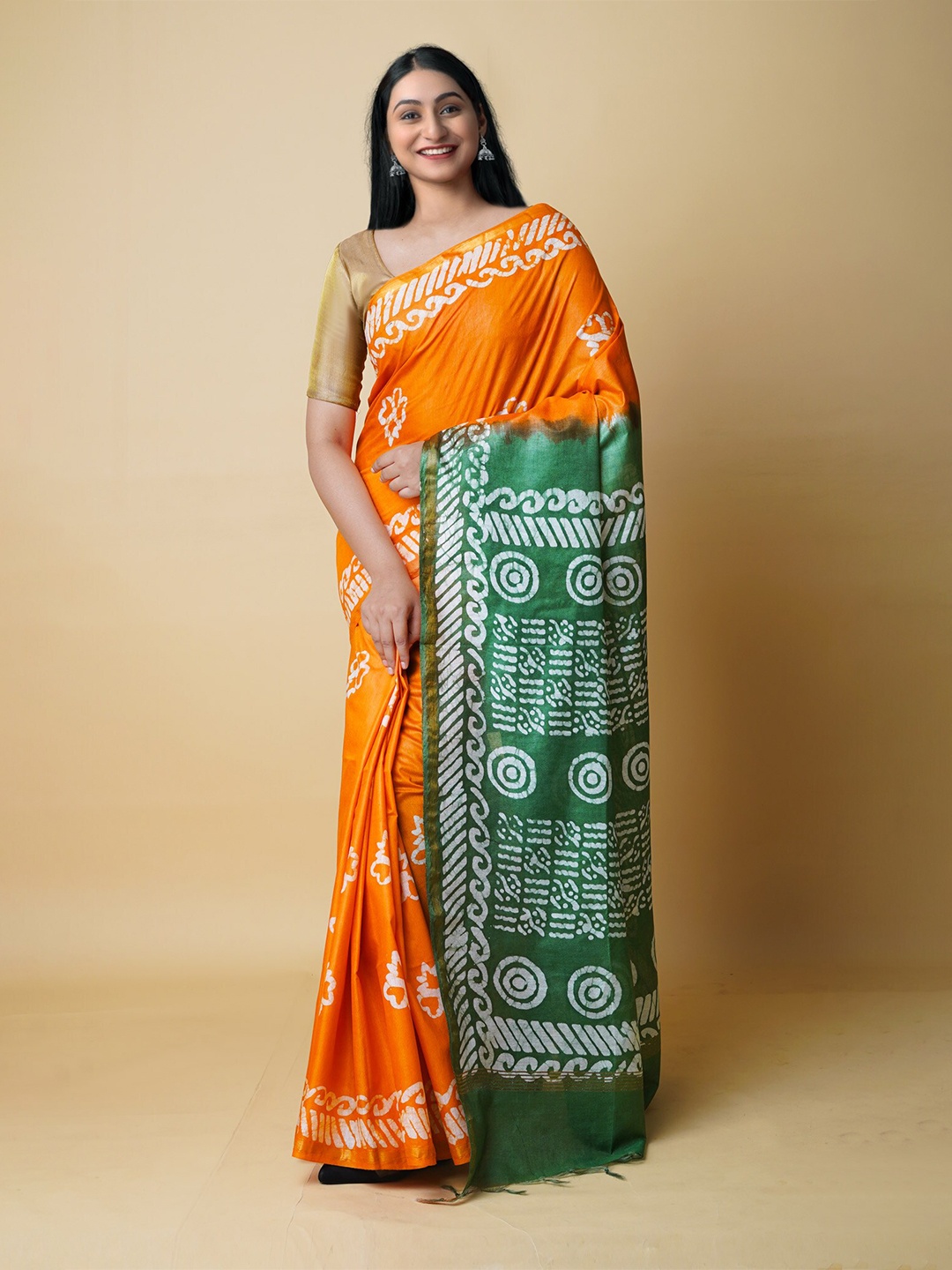 

Unnati Silks Batik Printed Zari Silk Cotton Chanderi Saree, Orange