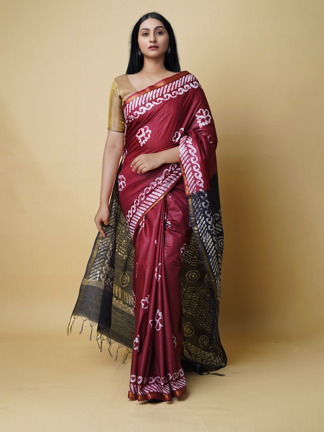 

Unnati Silks Batik Printed Silk Cotton Chanderi Saree, Maroon