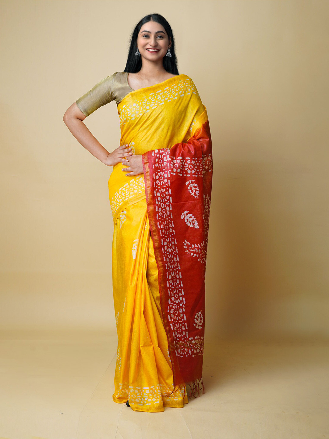 

Unnati Silks Batik Printed Zari Silk Cotton Chanderi Saree, Yellow