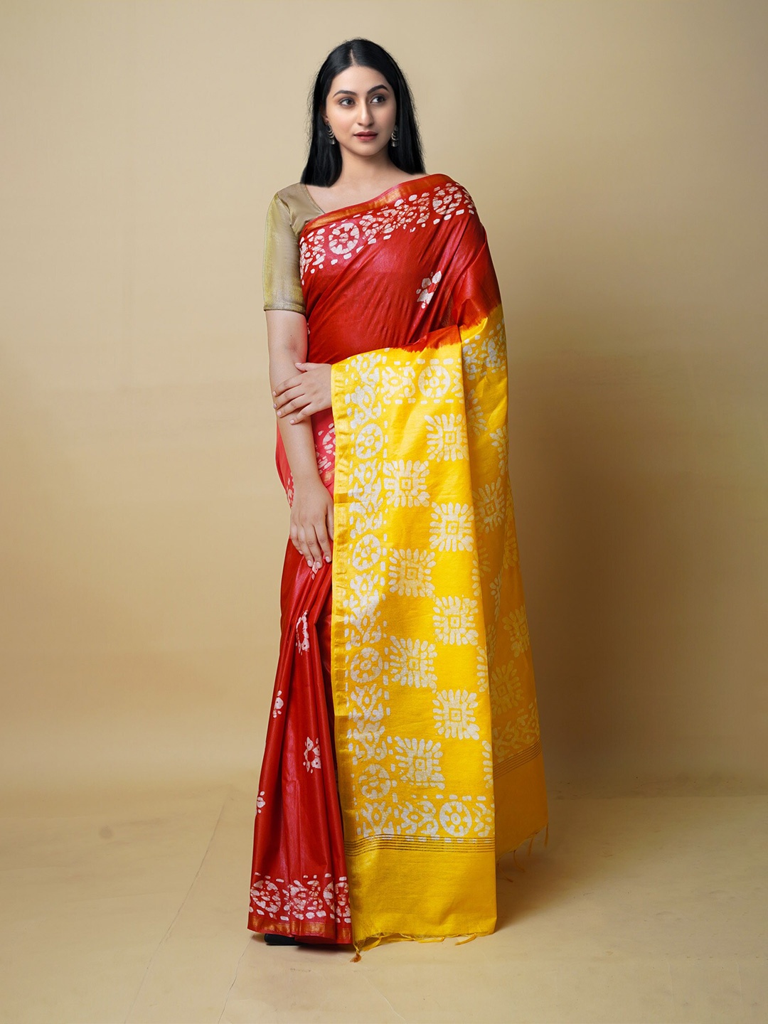 

Unnati Silks Batik Printed Zari Silk Cotton Chanderi Saree, Red