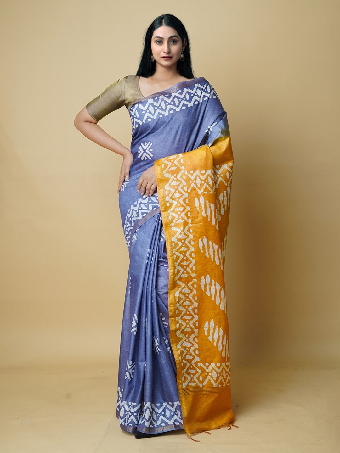 

Unnati Silks Batik Printed Zari Silk Cotton Chanderi Saree, Blue