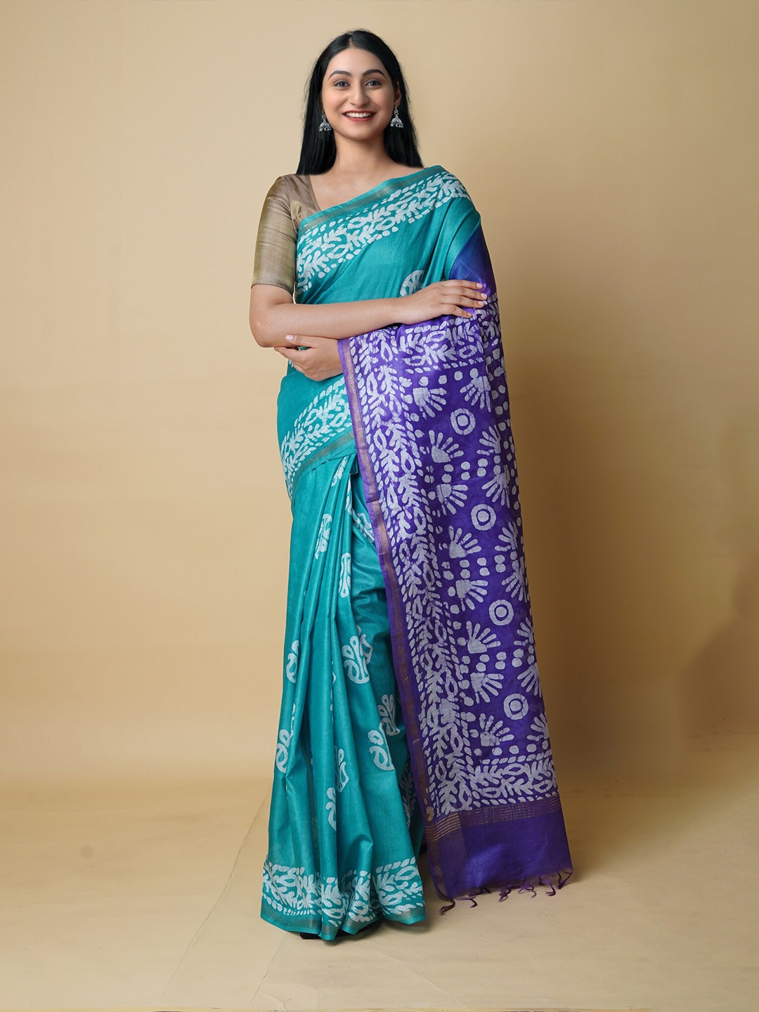 

Unnati Silks Batik Printed Zari Silk Cotton Chanderi Saree, Green