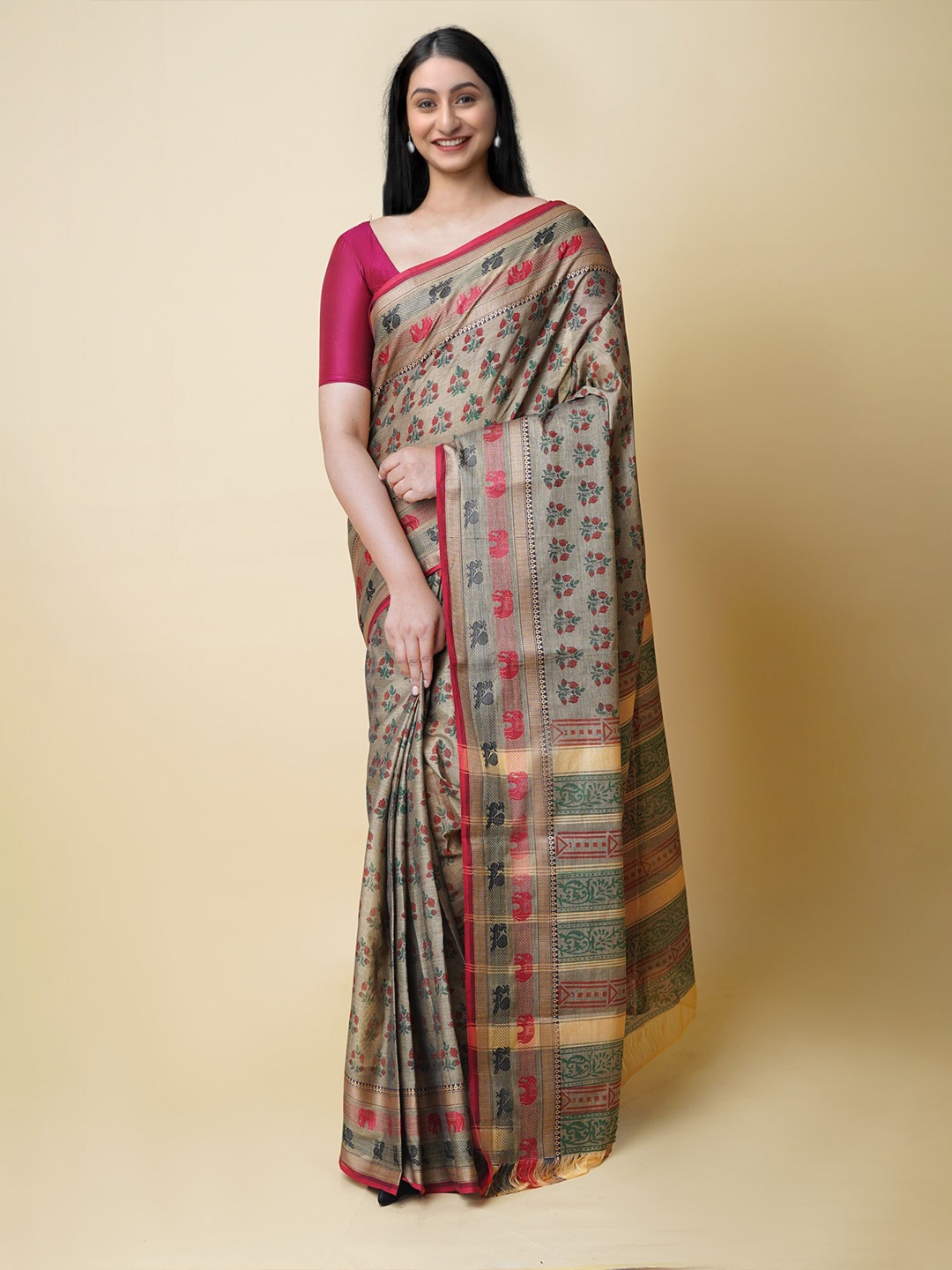 

Unnati Silks Ethnic Motifs Printed Pure Cotton Chettinad Saree, Brown