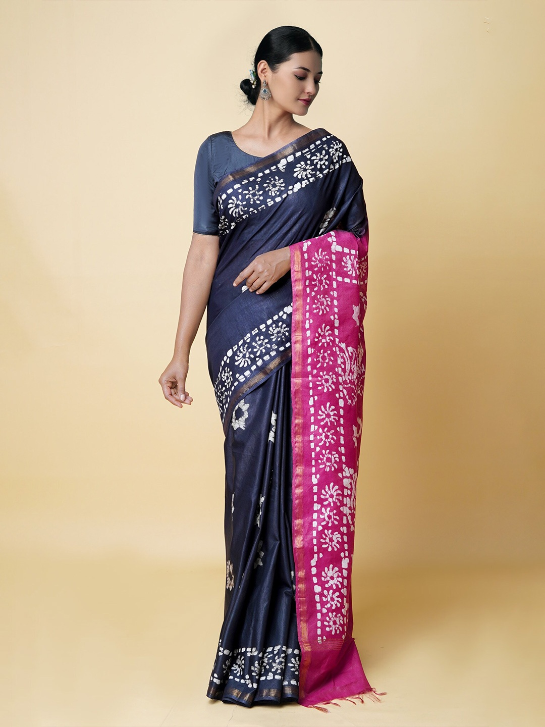 

Unnati Silks Batik Zari Silk Cotton Chanderi Saree, Navy blue