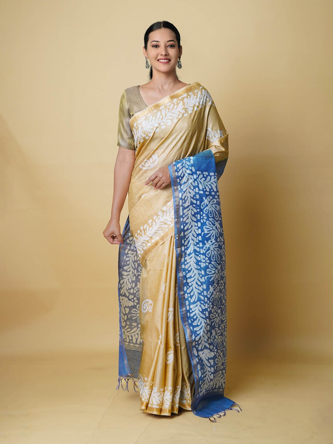 

Unnati Silks Batik Zari Silk Cotton Chanderi Saree, Cream