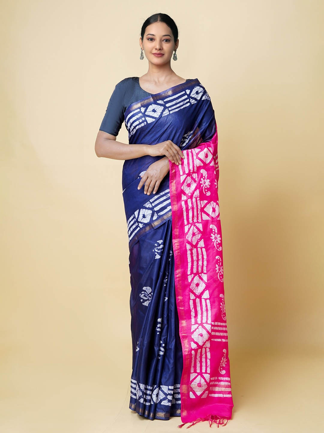 

Unnati Silks Batik Zari Silk Cotton Chanderi Saree, Navy blue