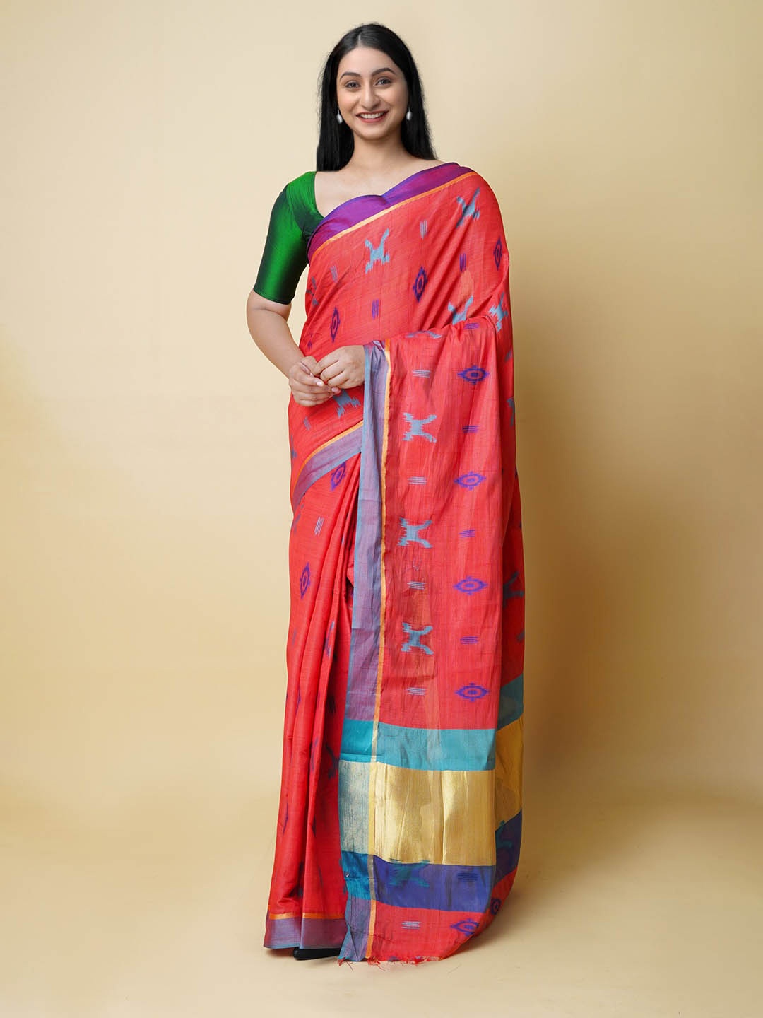 

Unnati Silks Ethnic Motifs Printed Zari Silk Blend Baluchari Saree, Red