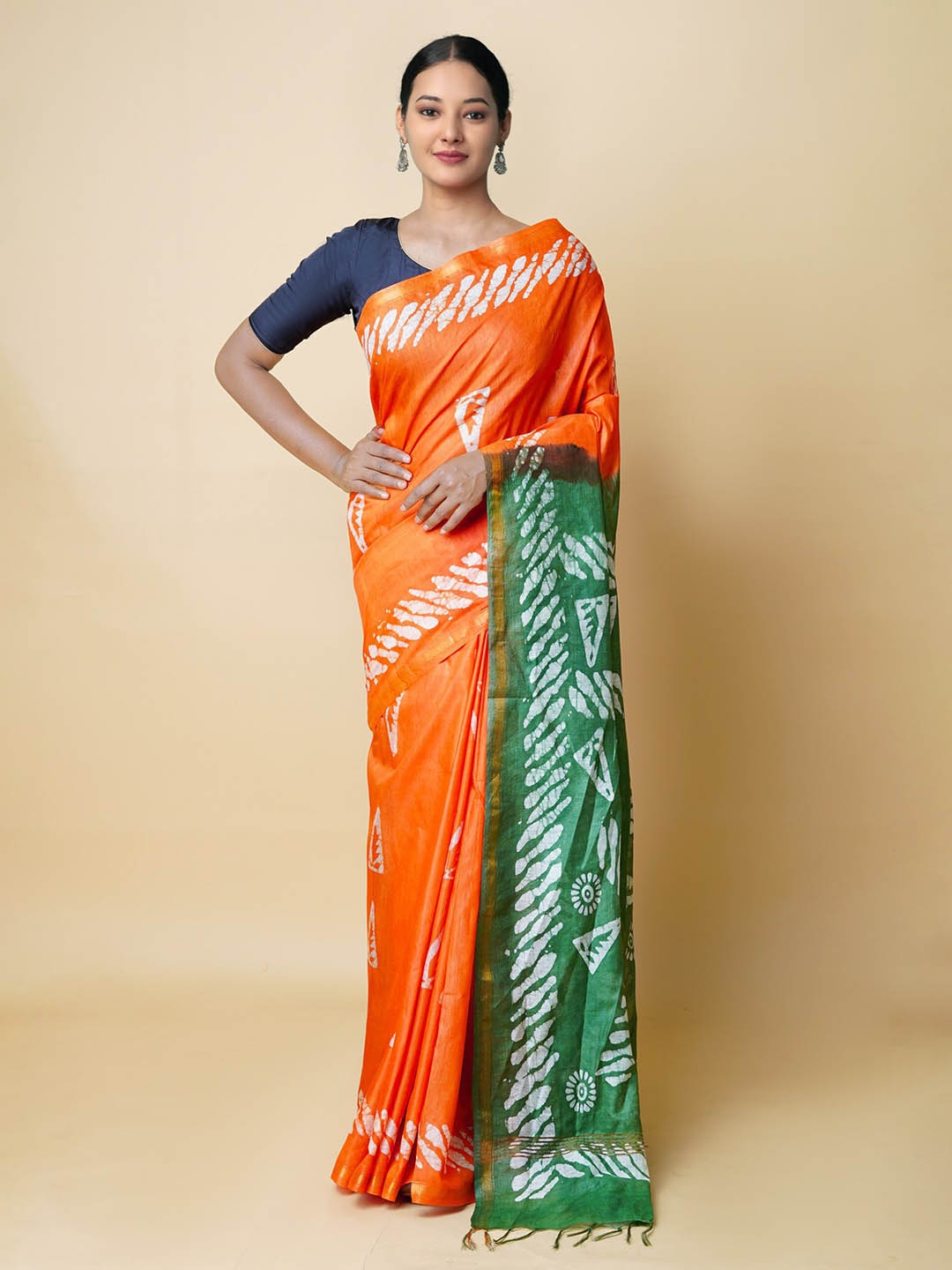 

Unnati Silks Batik Zari Silk Cotton Chanderi Saree, Orange