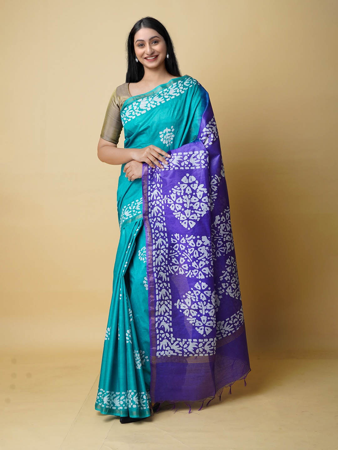

Unnati Silks Batik Zari Silk Cotton Chanderi Saree, Green