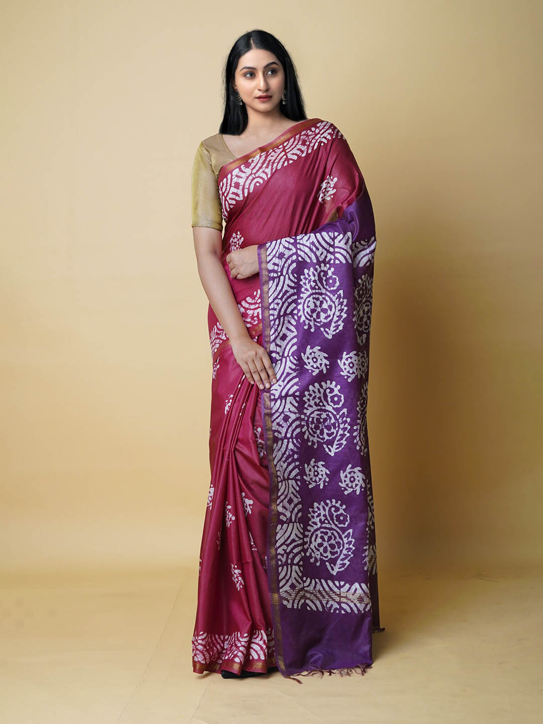 

Unnati Silks Batik Zari Silk Cotton Chanderi Saree, Maroon